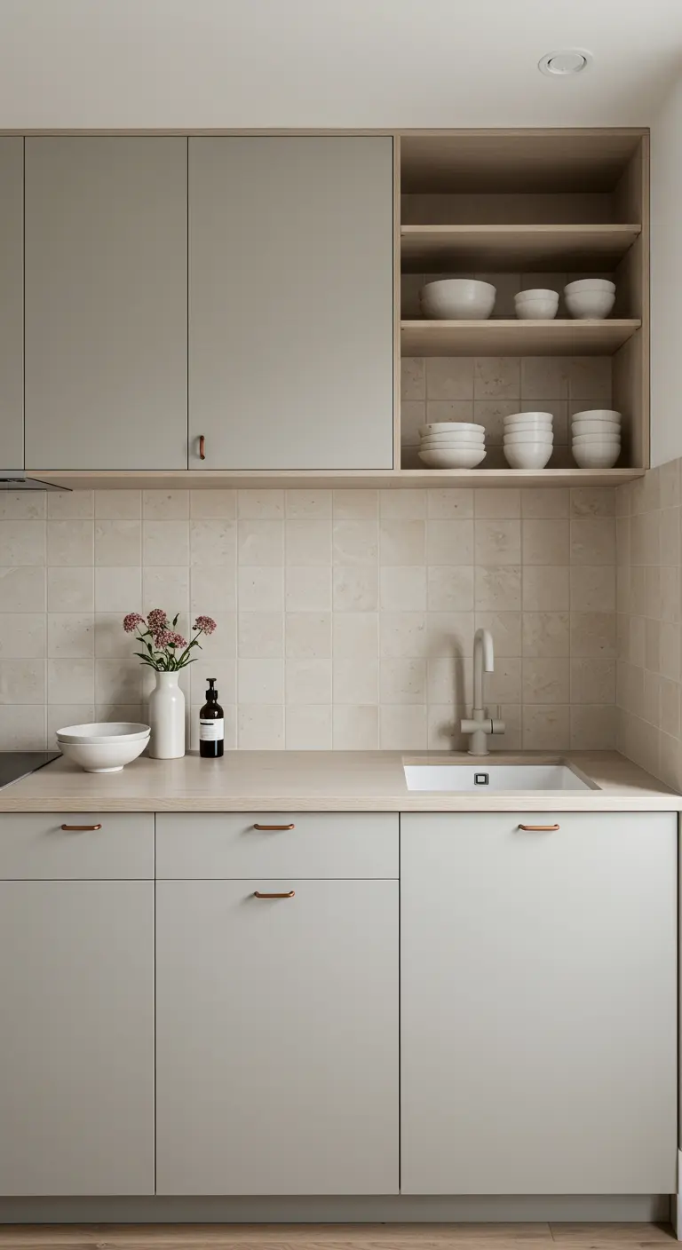 A light gray kitchen with a section of open wood shelving holding white bowls.