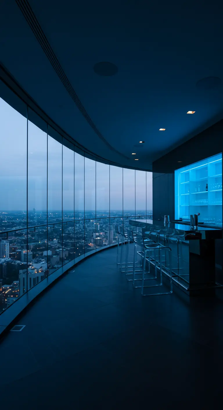 Futuristic curved balcony bar with blue lighting and floor-to-ceiling windows.