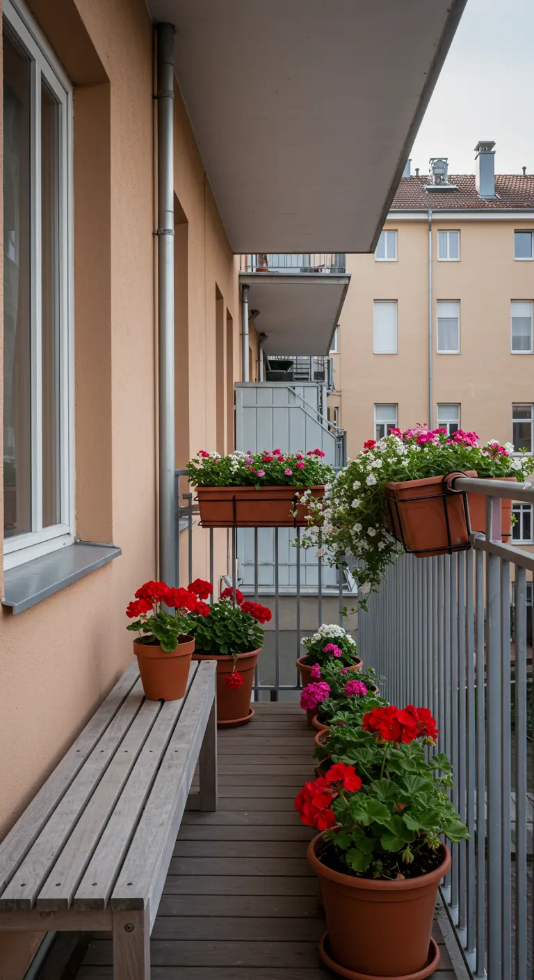 Narrow balcony with red geraniums in terracotta pots on the floor and in railing planters.