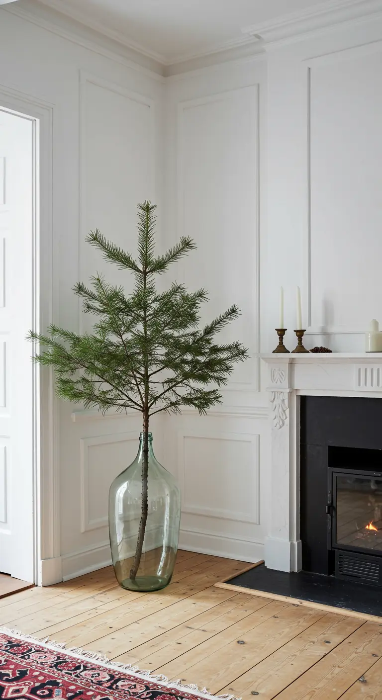 A single, sparse pine branch in a large green glass demijohn vase as a Christmas tree.