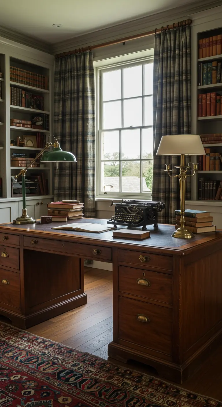 A classic wood desk in a library with plaid curtains and brass lamps.