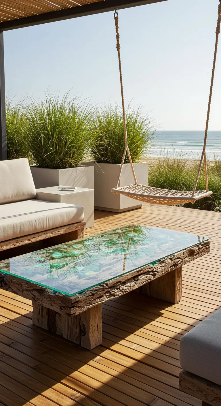Driftwood and resin river coffee table with a glass top, next to a net swing on a deck.