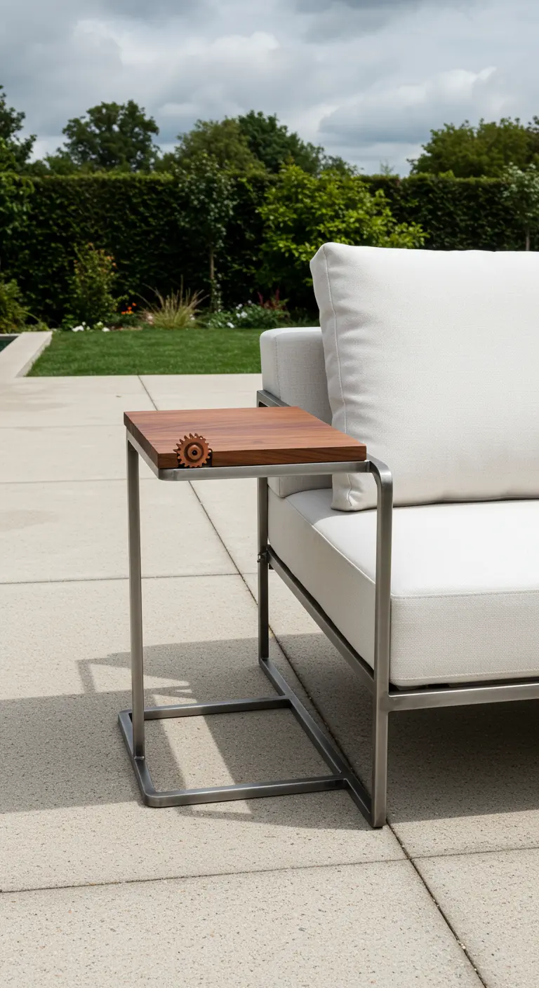Minimalist metal and wood C-table with a tiny wooden gear inlay, next to a white outdoor sofa.