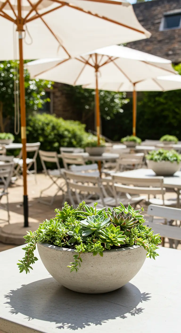 A low concrete bowl on a cafe table filled with a dense arrangement of various succulents.