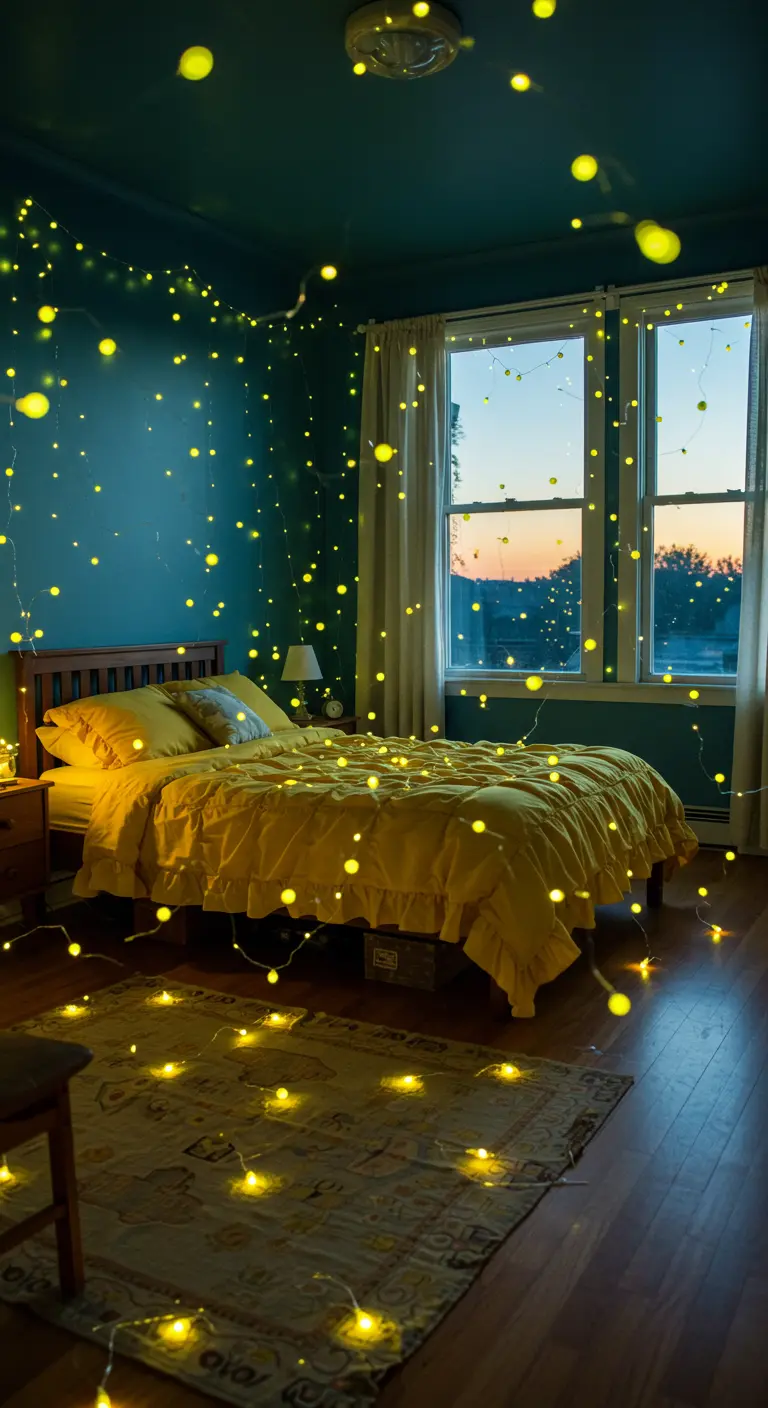 Dark teal bedroom filled with cascading yellow orb string lights like fireflies.