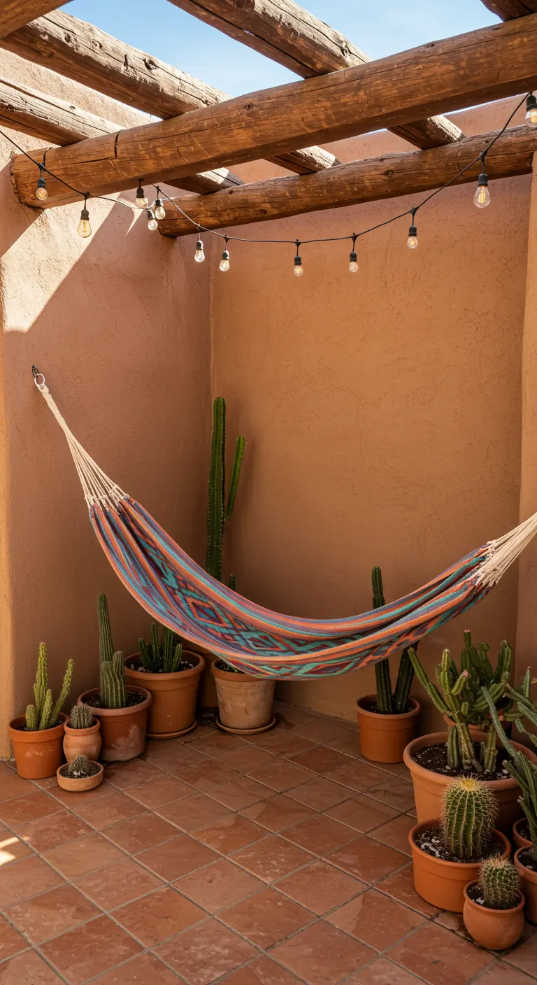 A colorful hammock in a terracotta-walled corner with a large collection of cacti in pots.