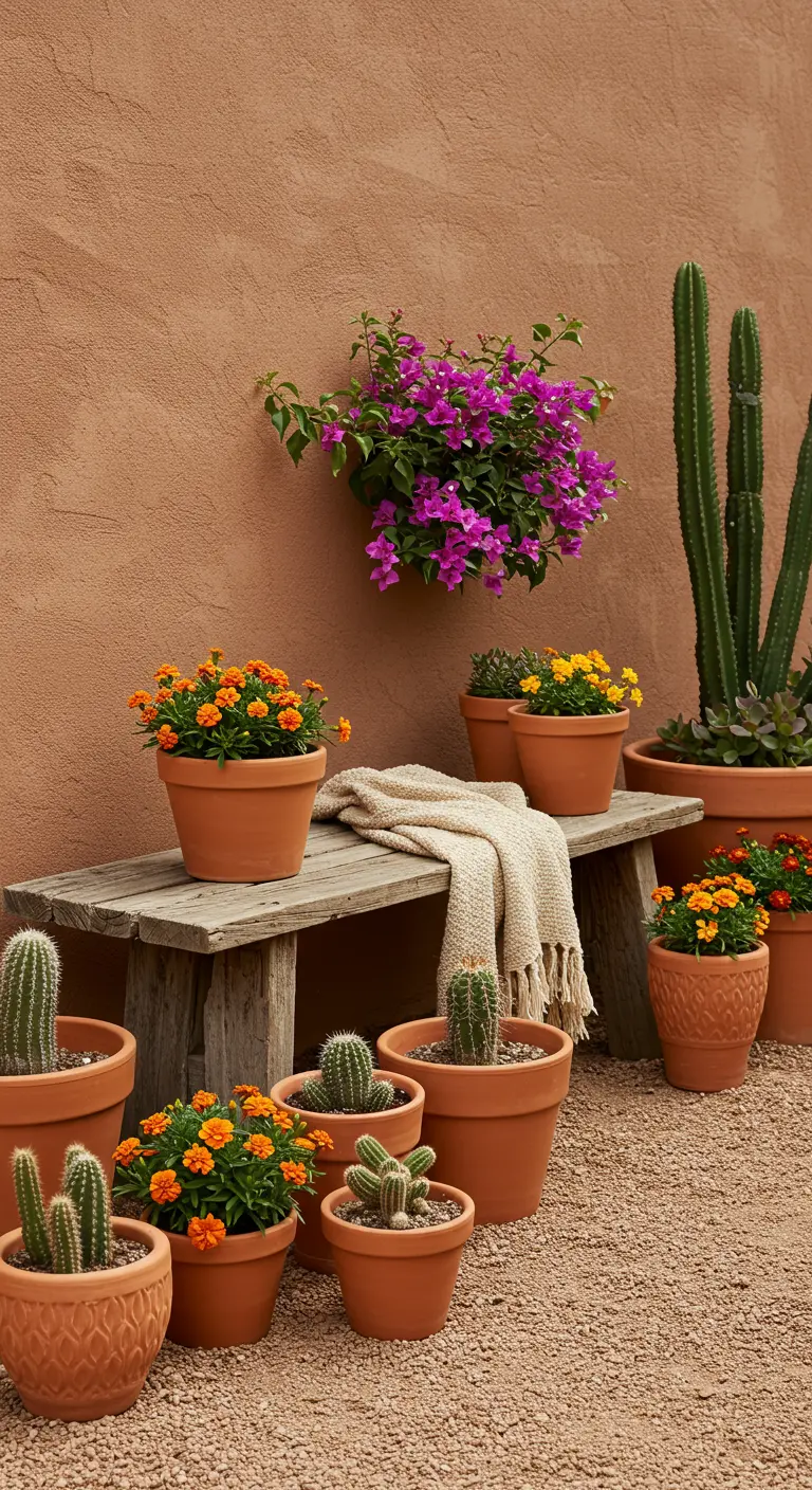 A desert-themed patio with a rustic bench, cacti, and marigolds in terracotta pots on gravel.