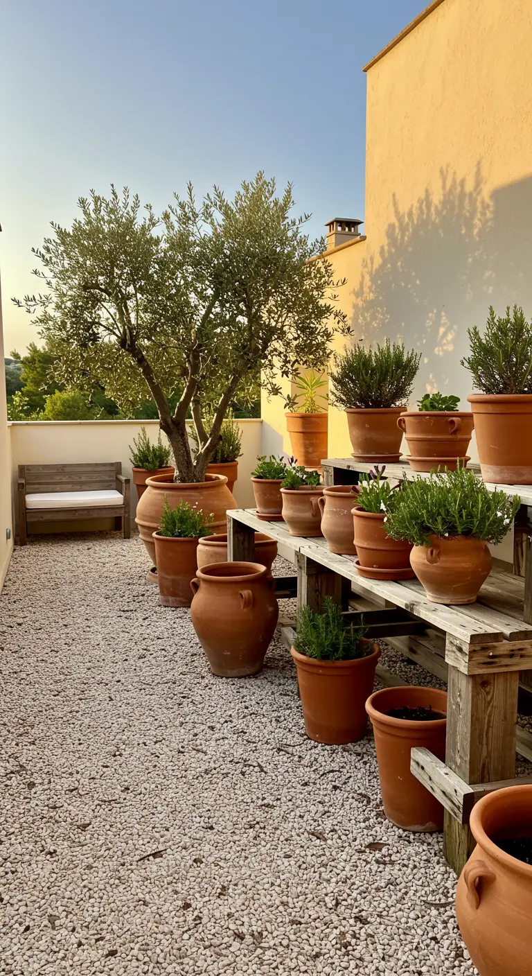 A collection of terracotta pots on a gravel terrace at sunset.