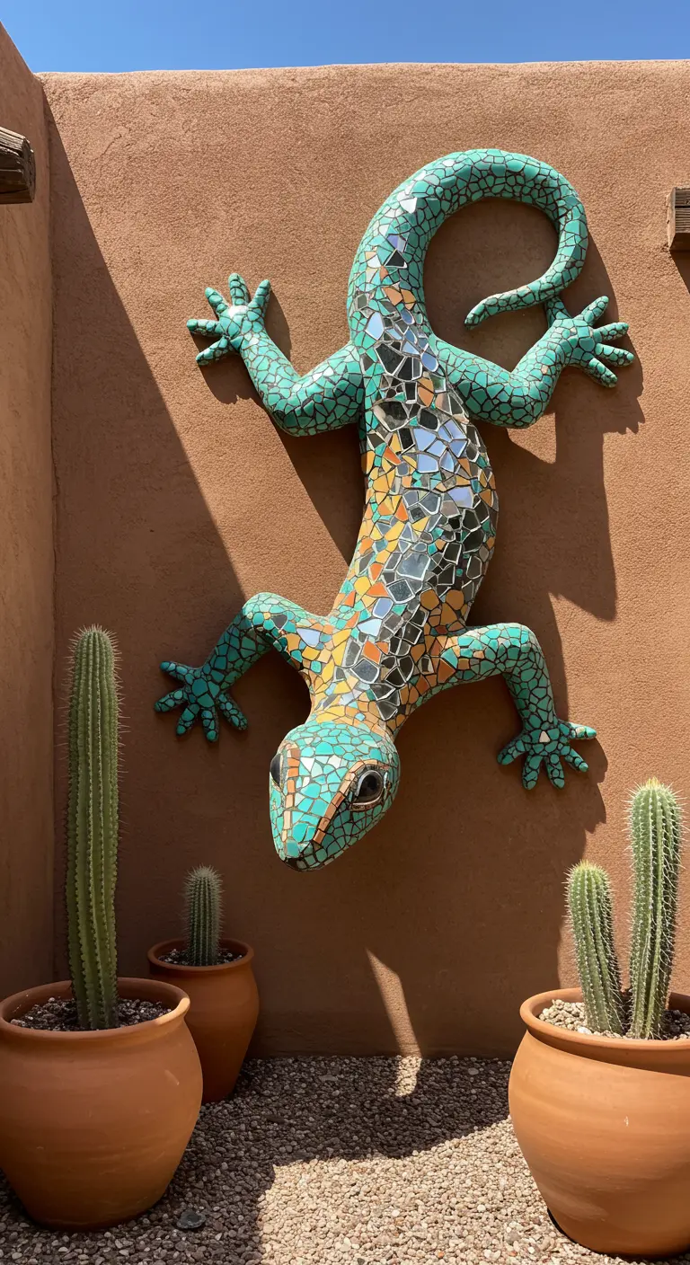 A large mosaic gecko sculpture on a terracotta wall, with turquoise, orange, and mirror tiles.