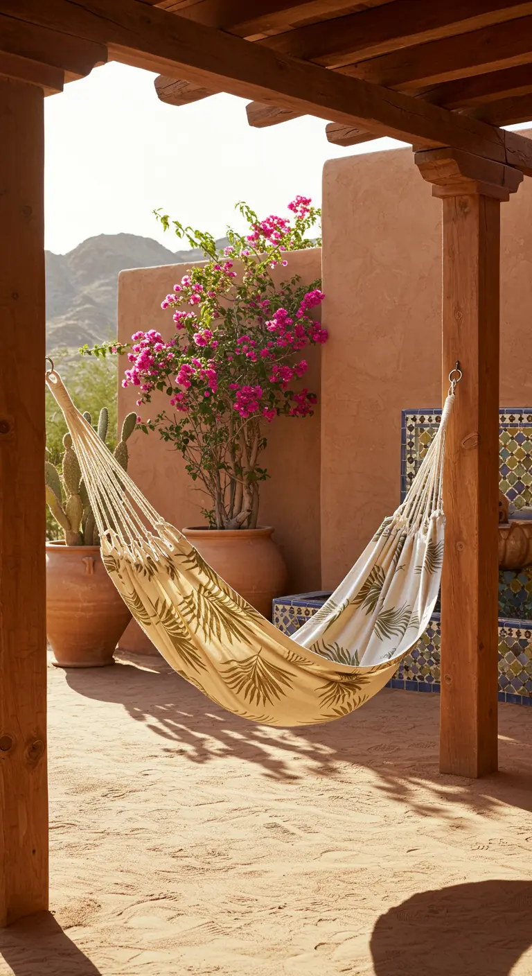 A hammock with a golden leaf print hanging in a sunny adobe courtyard with mosaic tiles.