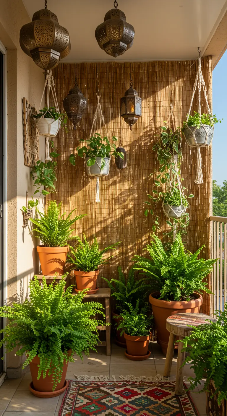 A sunny bohemian balcony with terracotta pots, hanging plants in macrame, and Moroccan lanterns.
