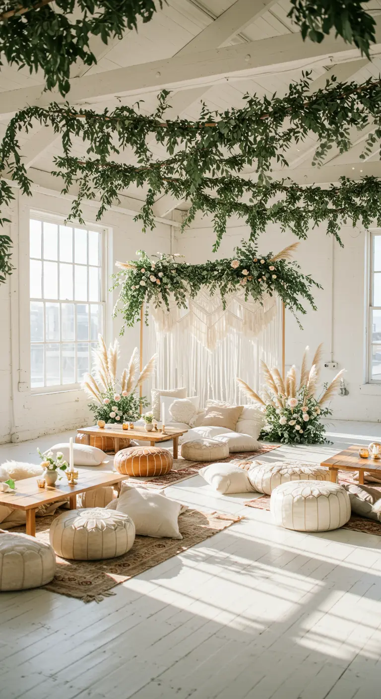 A bright, airy room with hanging greenery, floor cushions, and a macrame backdrop for a boho party.