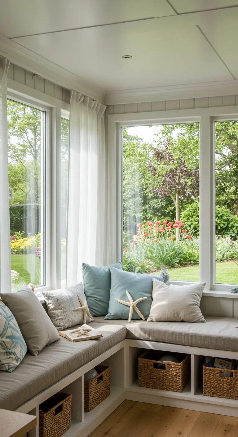 A light-filled coastal reading nook with an L-shaped bench, wicker baskets, and sea-themed pillows.