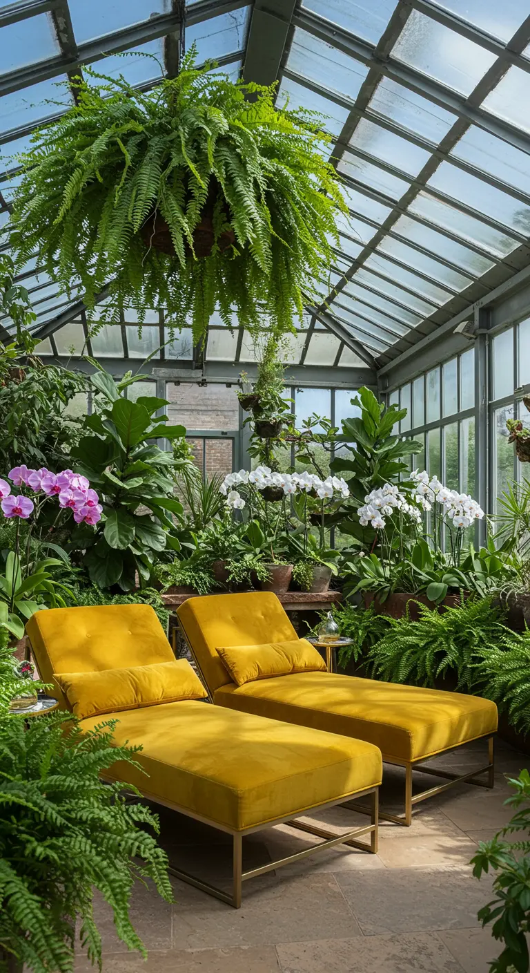 Mustard-yellow velvet chaises surrounded by lush plants in a bright greenhouse.