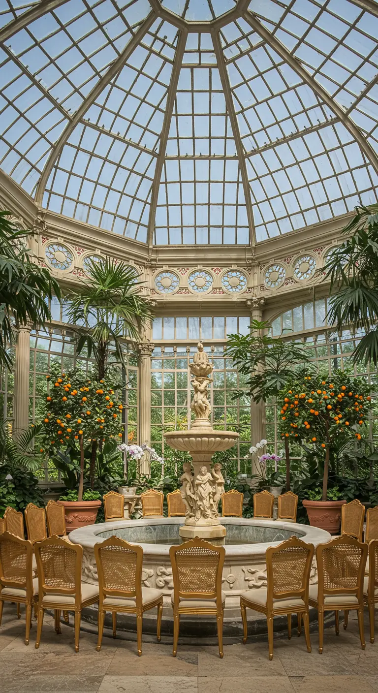 Wicker chairs circle a fountain inside a glass conservatory filled with orange trees.
