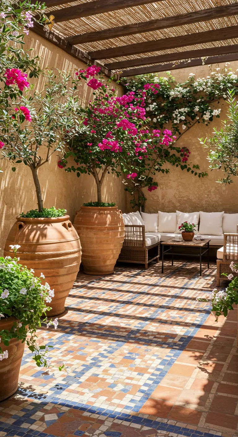Sunlit Mediterranean courtyard with terracotta pots, bougainvillea, and blue and red mosaic tiles.