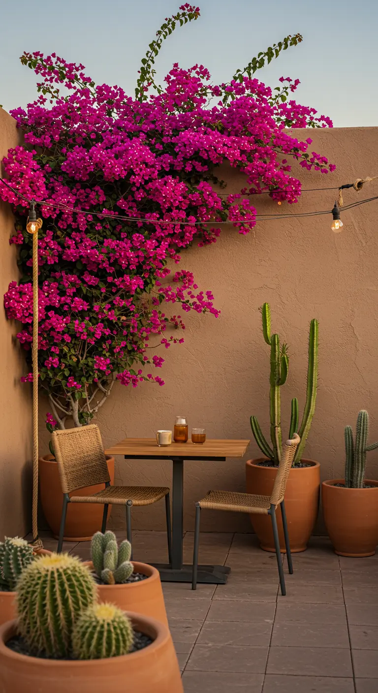 A desert-style rooftop with terracotta walls, bougainvillea, and potted cacti.