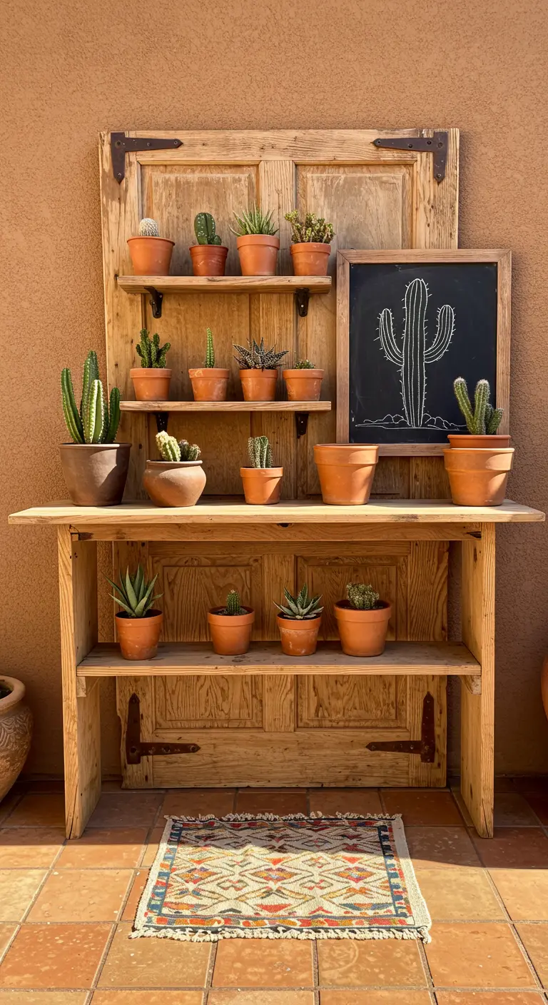 A natural wood potting station filled with a collection of cacti and succulents.
