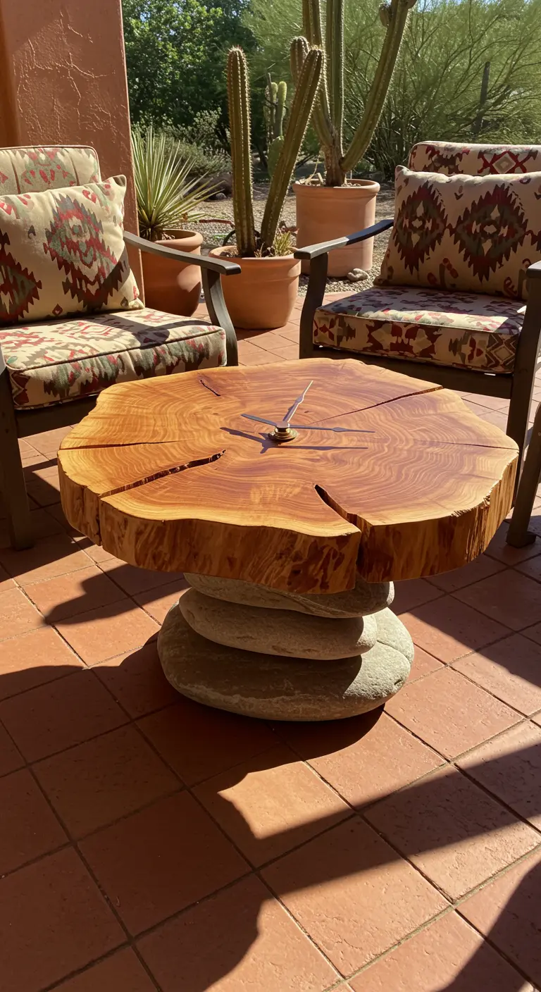 A cedar wood slice table with a stacked stone base on a terracotta tile patio.