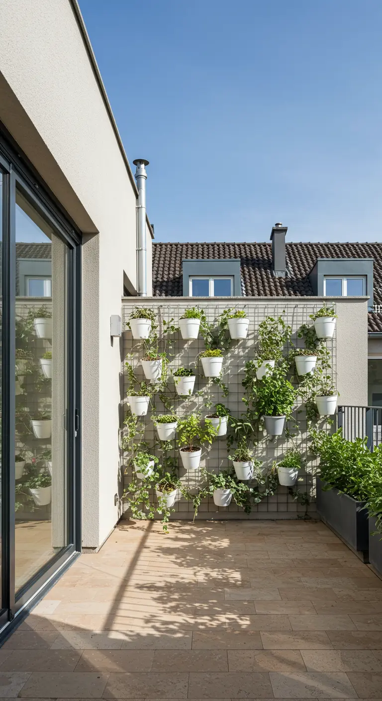 A large wire grid on a sunny balcony wall, filled with white pots of herbs and ivy.