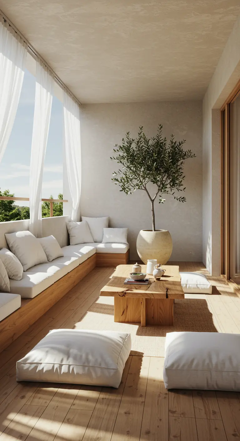 A spacious, sunlit balcony with a built-in wooden L-shaped bench and white cushions.