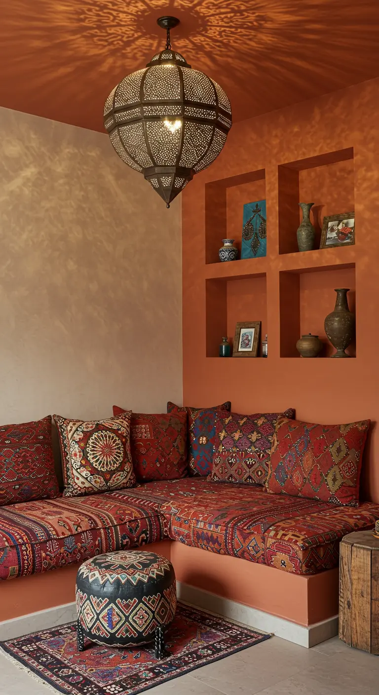 Moroccan-style room with a terracotta built-in sofa, wall niches, and a large metal lantern.