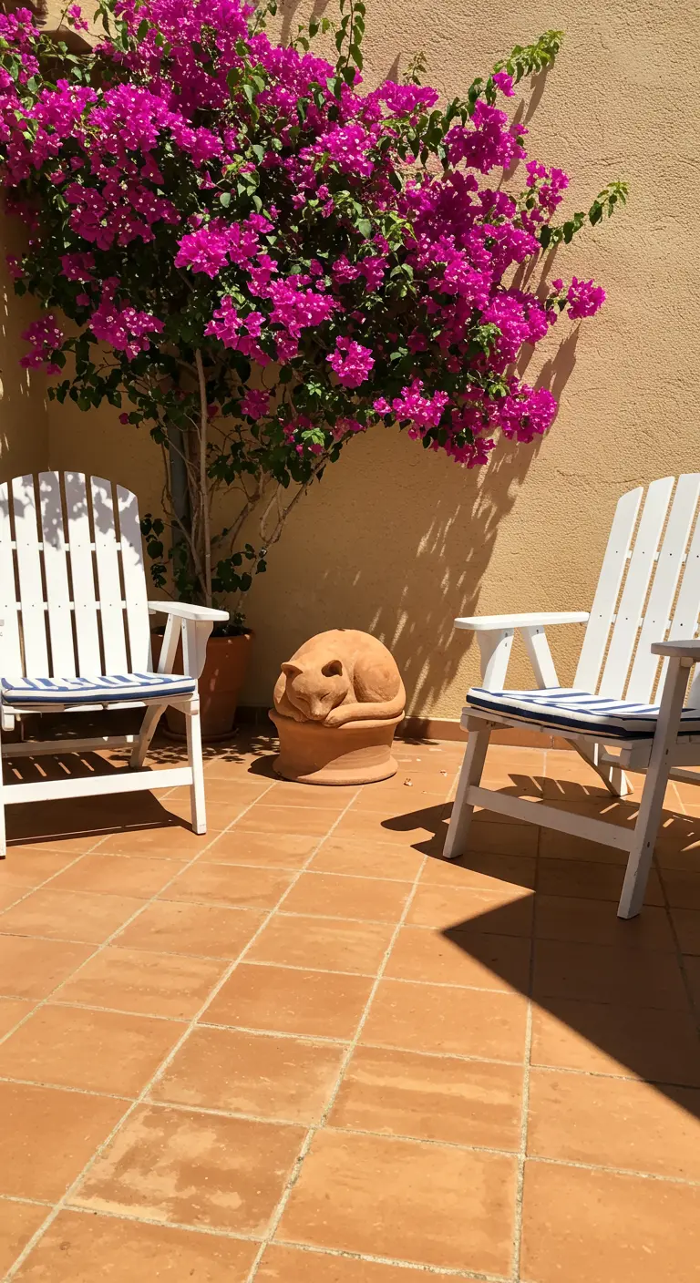 A terracotta sleeping cat statue sits on a tiled patio between two white chairs and a bougainvillea.