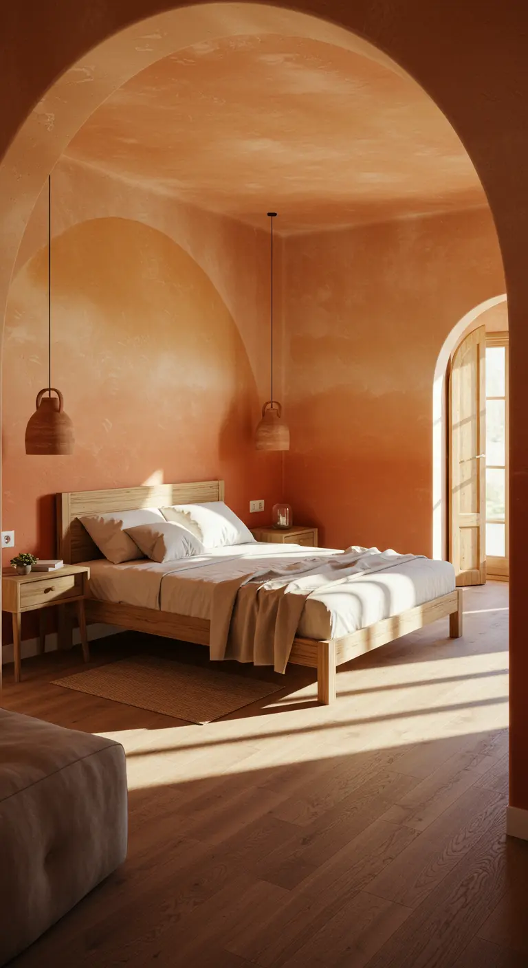 A bedroom with terracotta limewash walls and ceiling, seen through an archway.