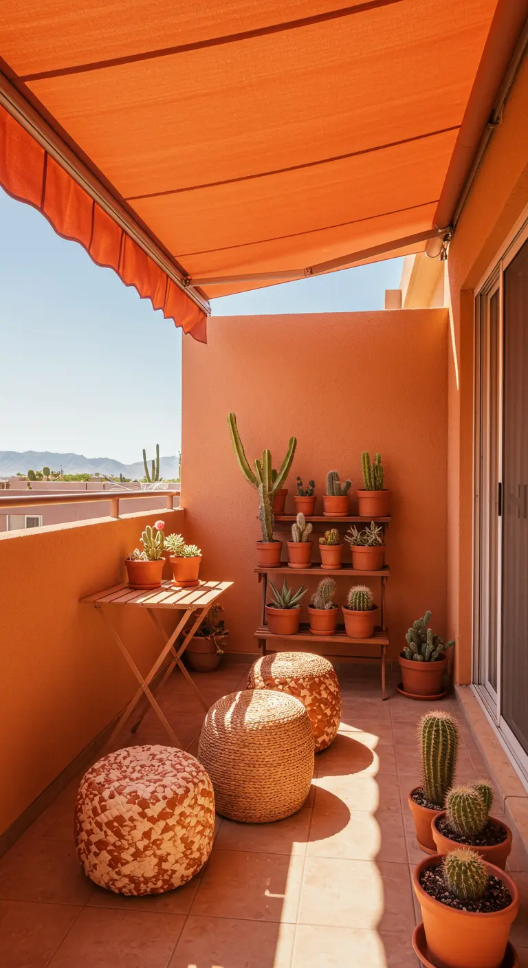 A balcony with an orange awning, terracotta walls and pots, and woven poufs.