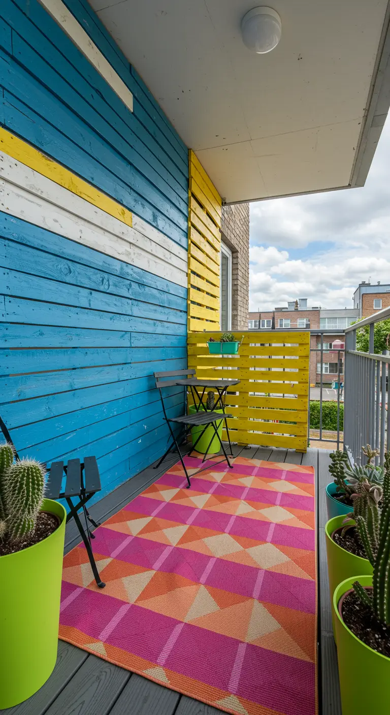 Balcony with blue and yellow painted wood wall, geometric rug, and lime green planters.