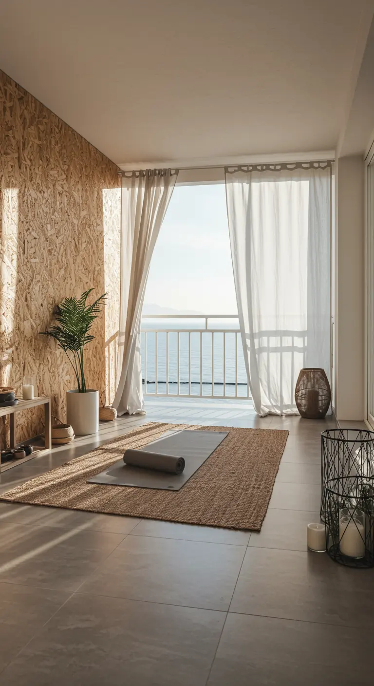 A bright, airy room with an OSB accent wall and a yoga mat on a large jute rug.