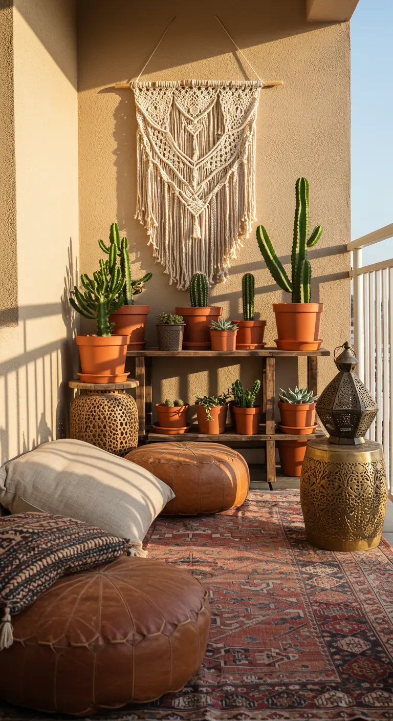 Bohemian balcony with a macrame wall hanging, cacti in terracotta pots, and leather poufs.