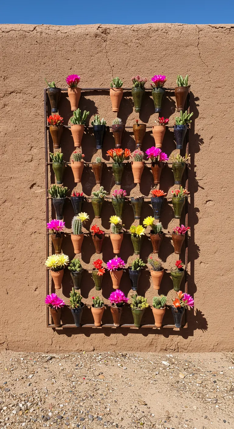 A bottle and pot vertical garden on a stucco wall with blooming cacti.
