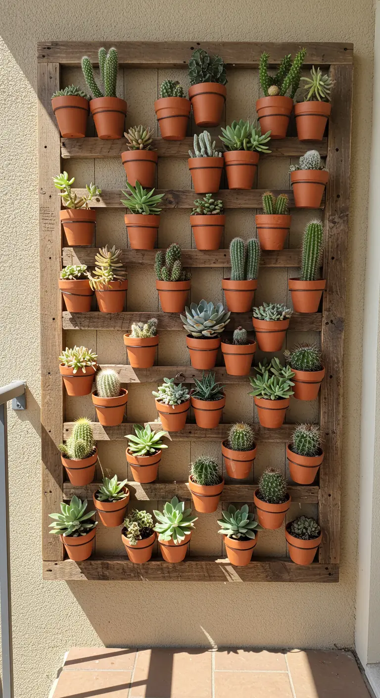 A weathered wooden pallet used as a vertical planter for a large collection of succulents.