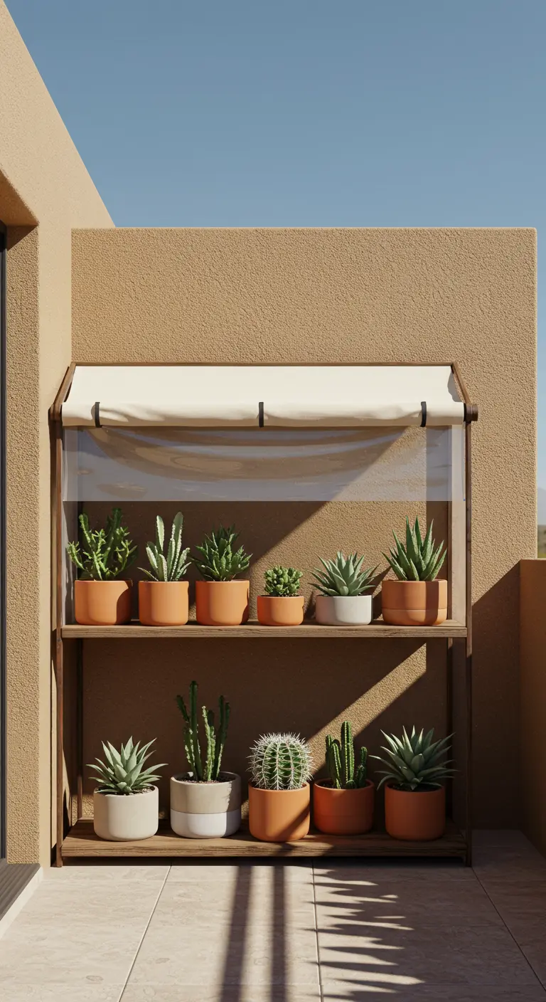 A wooden greenhouse with a canvas shade, filled with cacti and succulents on a sunny patio.