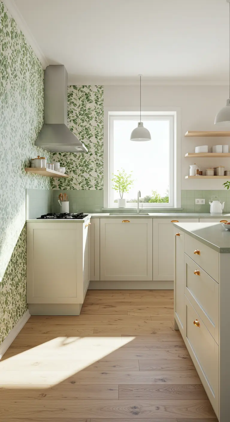 Airy kitchen with light green botanical wallpaper on one wall and off-white cabinets.