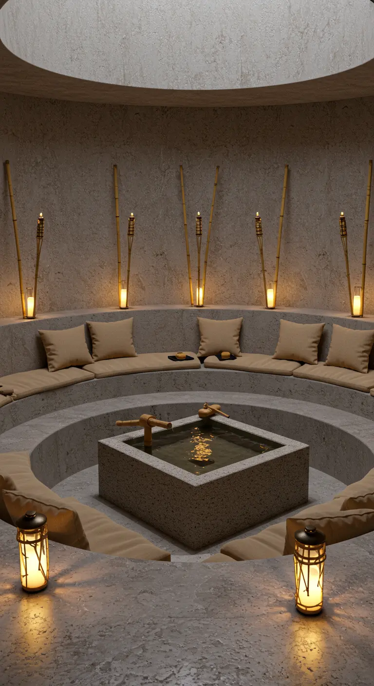 A circular, sunken concrete seating area with beige cushions around a square water feature.