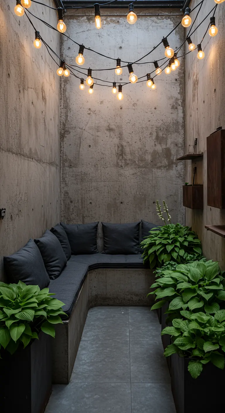 A cozy, sunken seating area with concrete walls and benches, surrounded by hosta plants.