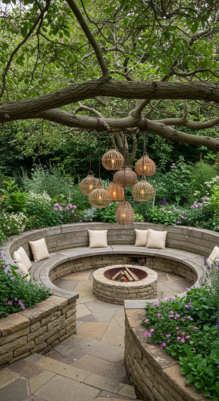 A circular sunken fire pit with a curved wooden bench, surrounded by stone and hanging lanterns.