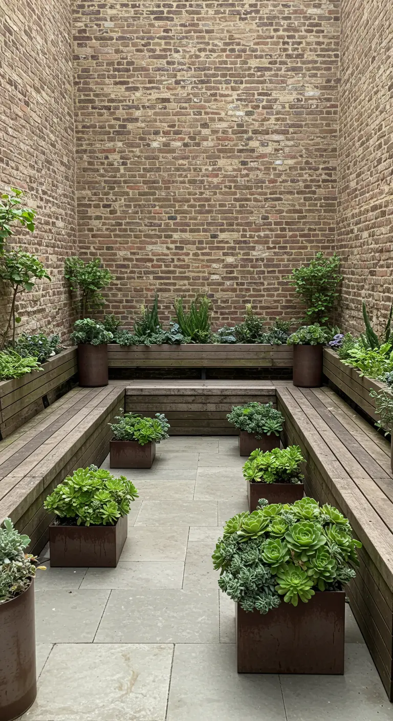 A sunken courtyard with U-shaped benches and uniform planters filled with green succulents.