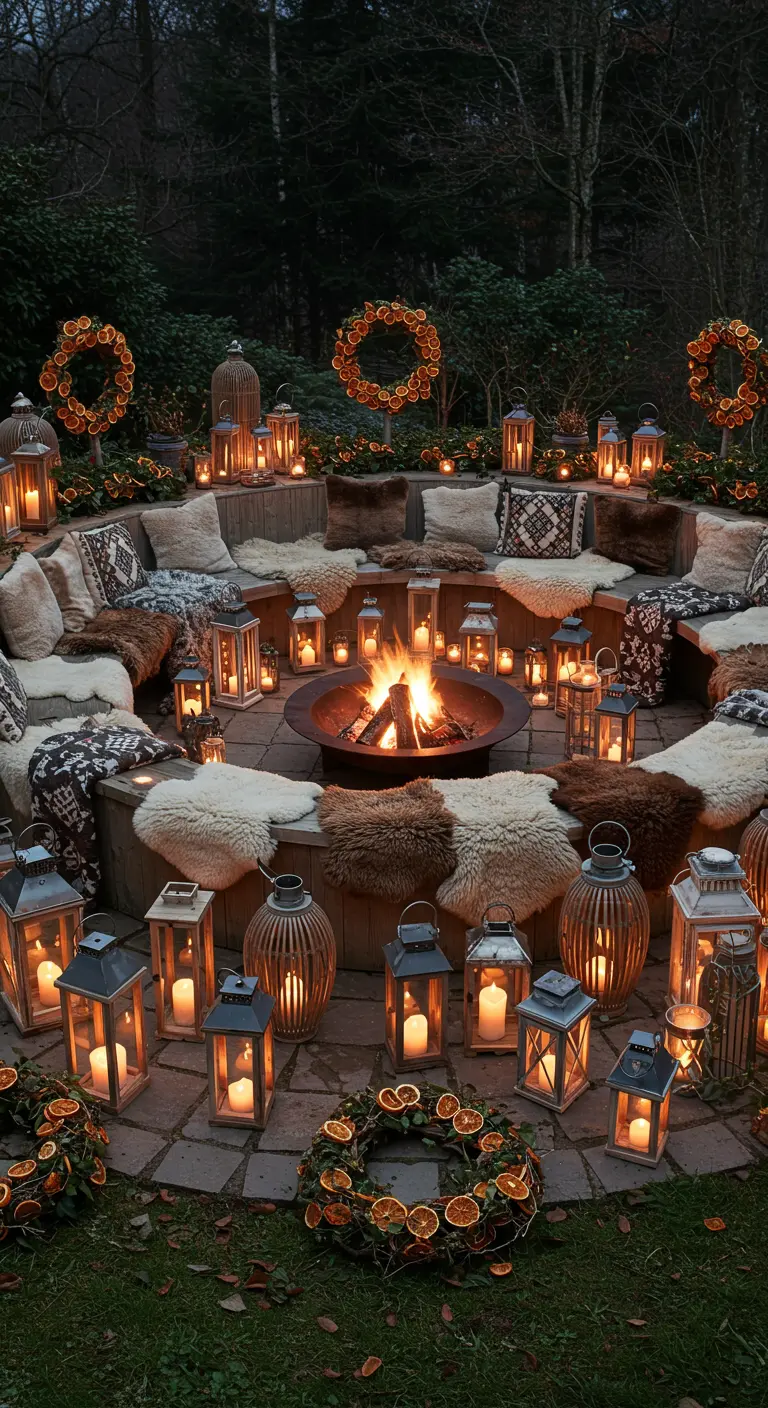A sunken circular fire pit area surrounded by lanterns, sheepskin throws, and dried orange wreaths.