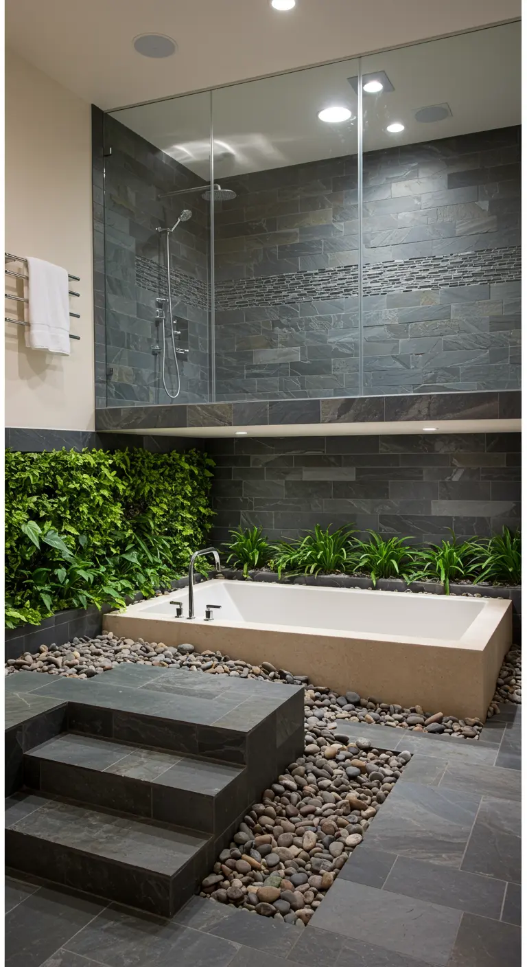 Sunken bathtub surrounded by river rocks, with a low living wall behind it.