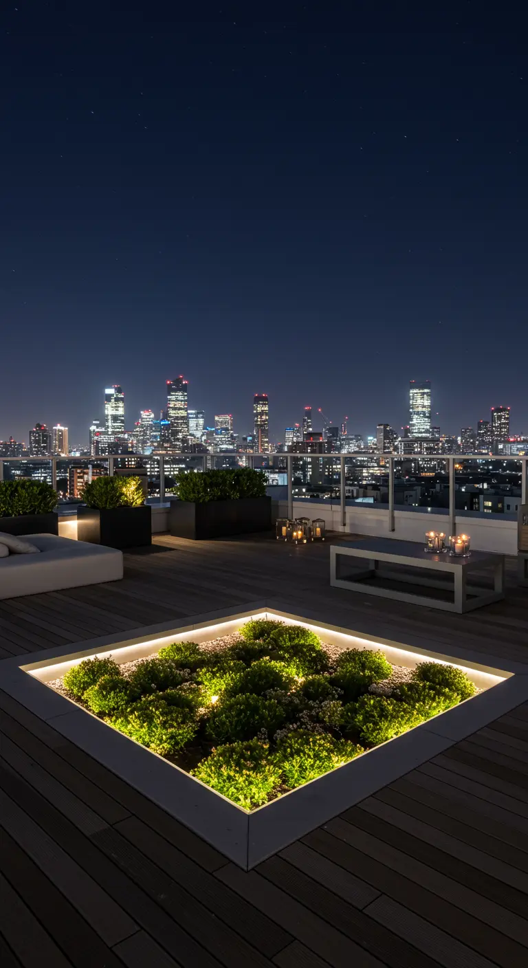 A square planter sunk into a wooden deck, with its inner edge lit by LEDs, on a city rooftop.