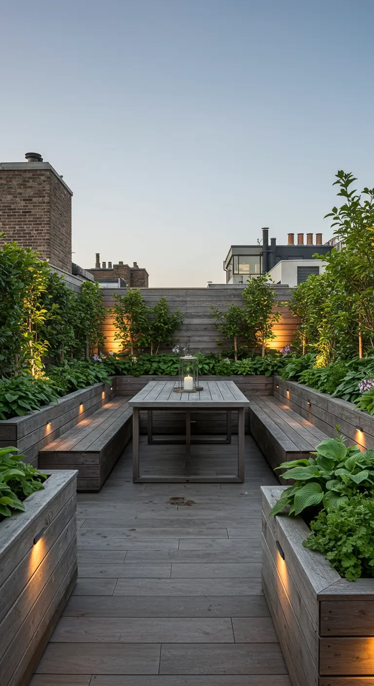 A sunken wooden deck with built-in benches and planters filled with lush greenery.