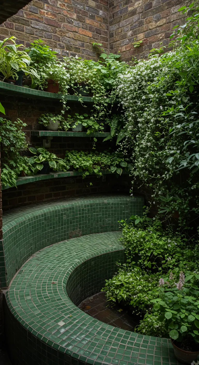 A curved, tiered green mosaic bench in a sunken garden filled with lush plants.