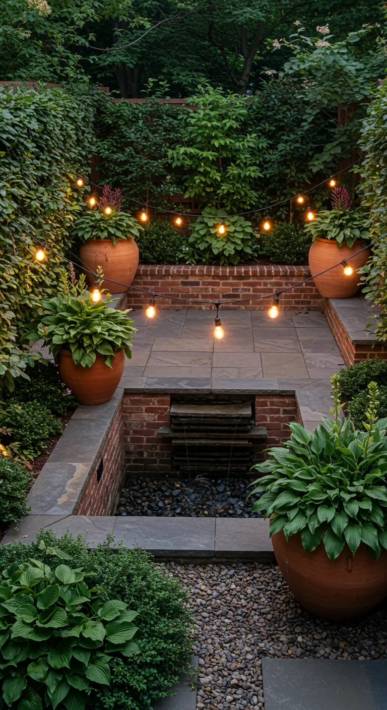 A multi-level patio with a sunken water feature and large terracotta pots of hostas.