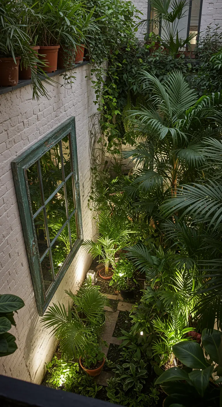 A lush, green courtyard with a windowpane mirror on a white brick wall, uplit from below.
