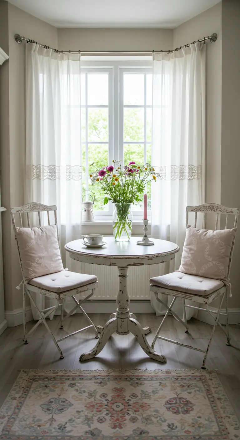A white bistro table and chairs in a bay window with sheer curtains.