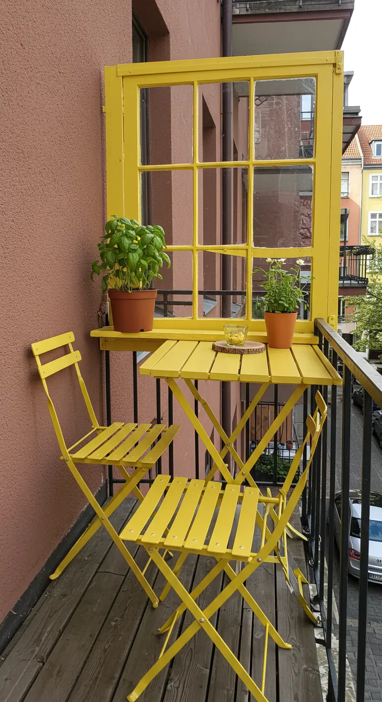 A bright yellow window frame with a shelf holds plants above a matching yellow bistro set on a small balcony.