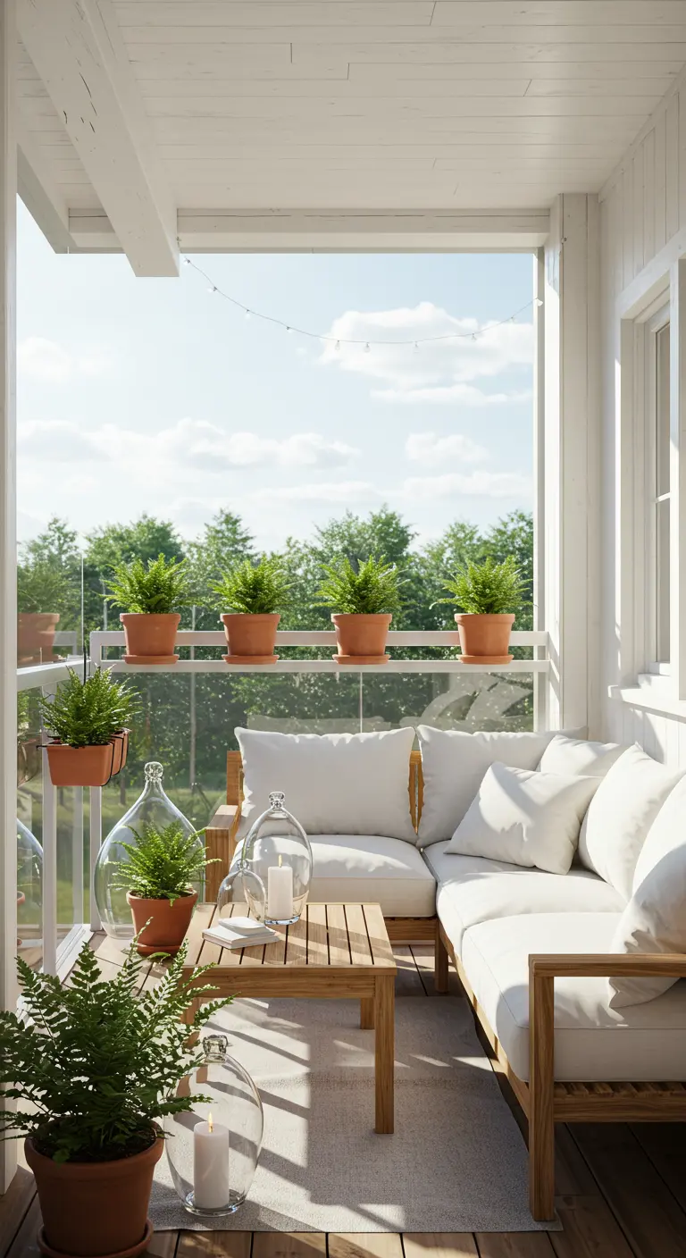 Bright, airy balcony with a light wood sofa, white cushions, and ferns in terracotta pots.